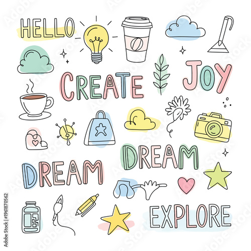 Colorful illustration of a creative workspace with inspiring words and symbols