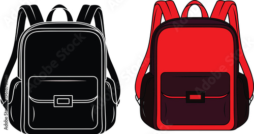 Stylized illustration of two backpacks, black and red color variations, minimal design concept for school, travel, hiking, and product display comparison artwork