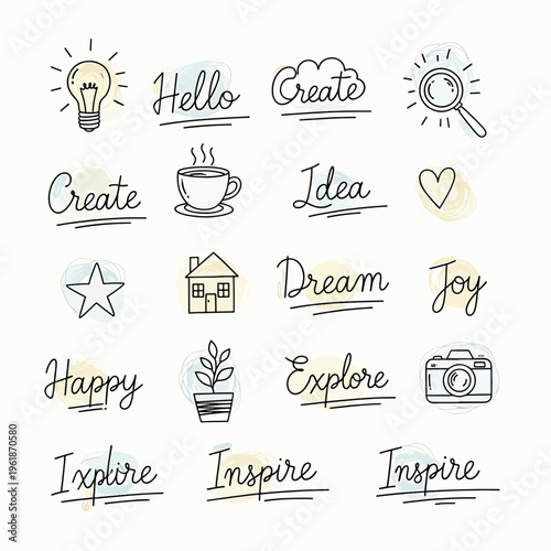 A vibrant inspirational graphic illustration of various happy joyful symbols and words.