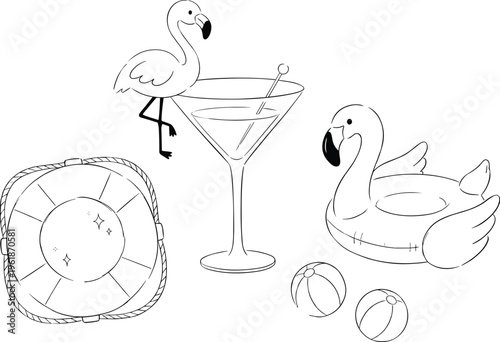 Black and white vector line illustration of summer poolside vacation elements featuring flamingo floats a martini cocktail and beach balls.