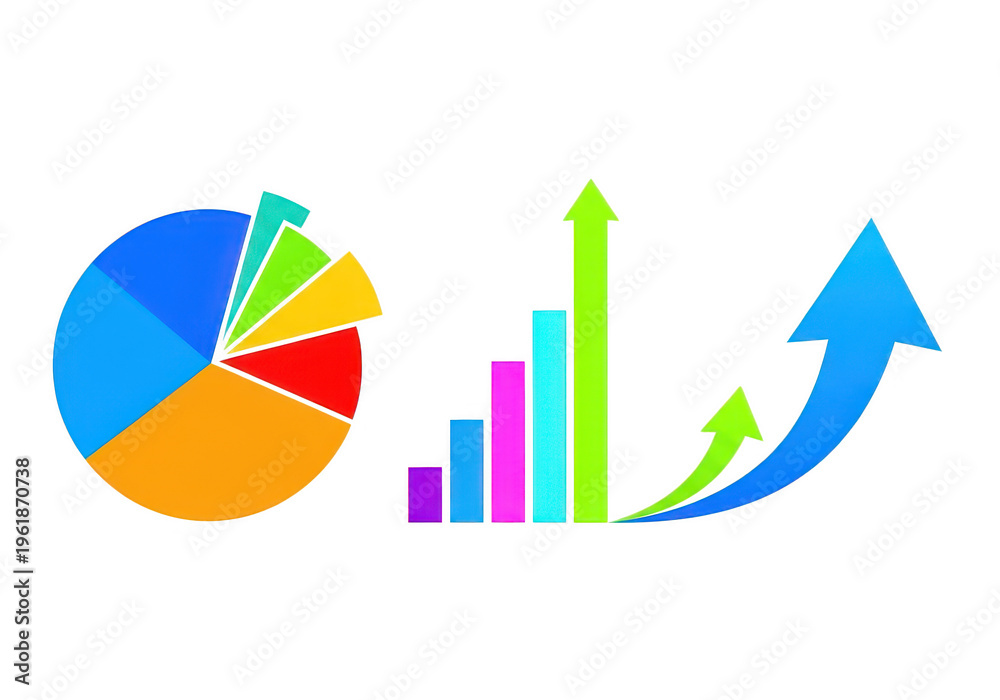 Obraz premium Vibrant business graph and chart icons with upward trend isolated on transparent background