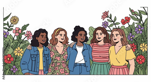 Diverse group of five women standing together in colorful garden with flowers conveying unity and friendship