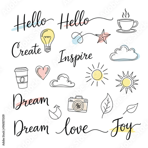 Inspirational quotes and symbols drawn on a white background with coffee cup