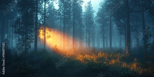 Dense forest clearing lit by sunrays filtering through misty air and tall trees, with plants and grass covering forest floor. Generative by AI.