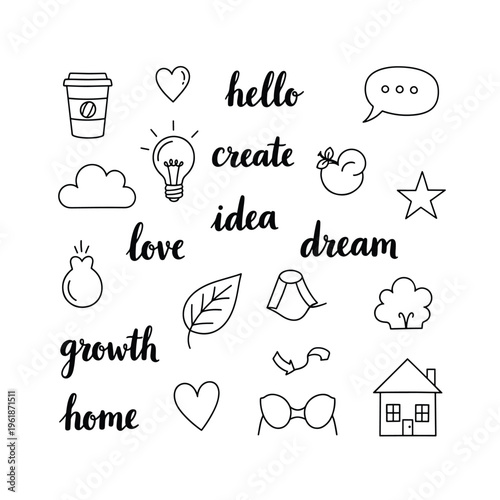 Illustration of home and growth symbols with love and dream icons
