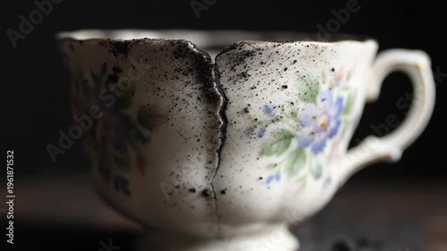 Cracked Teacup Covered in Soot – Close-Up Post-Disaster