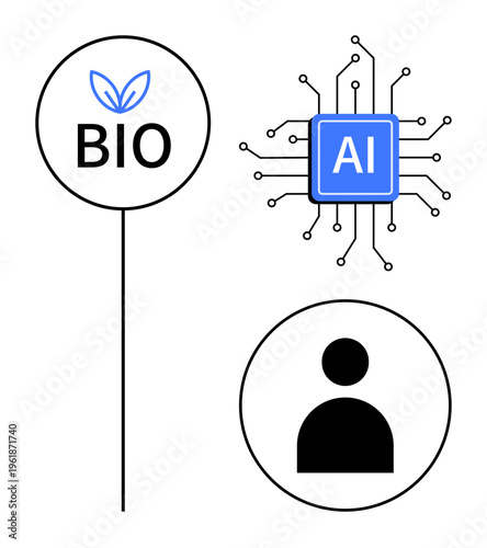Biotechnology, AI technology, environmental innovation, digital advancement, human-centered design, modern data . Diagram shows bio symbol, AI chip and human figure. Biotechnology and AI technology