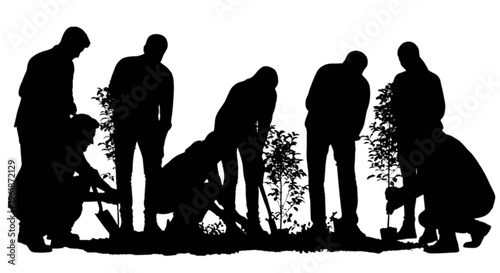 Silhouette of people planting trees