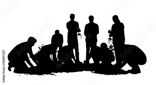Silhouette of people planting trees