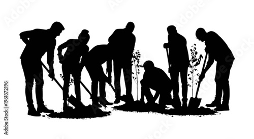 Silhouette of workers digging and shoveling dirt