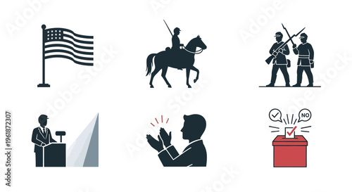 American history and politics icons set.