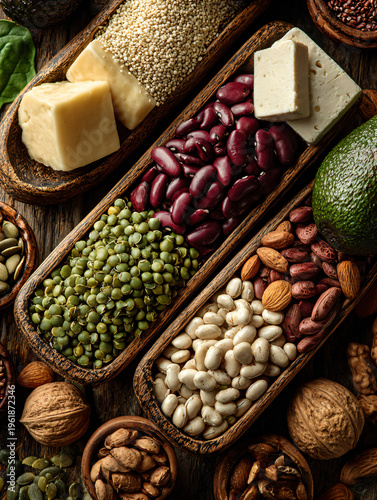 Various plant based protein sources including tofu, nuts, and legumes neatly arranged on a dark rustic table. for health articles.