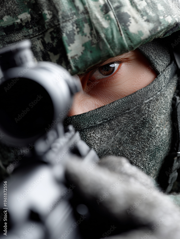 Fototapeta premium Close up of a masked soldier in camouflage aiming through a rifle scope, focusing intensely on a target.