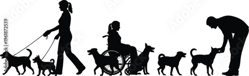 Silhouette illustration set of people walking, training, and interacting with their loyal pet dogs, isolated on a clean white background for animal care designs.
