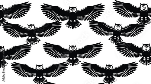 Black and white owl flight silhouette illustrations arranged in repeating symmetrical pattern, showcasing wingspan, feather detail, wildlife grace, and artistic decorative design reference artwork