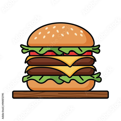 Delicious triple-decker burger with fresh lettuce and ripe tomato slices on a bun