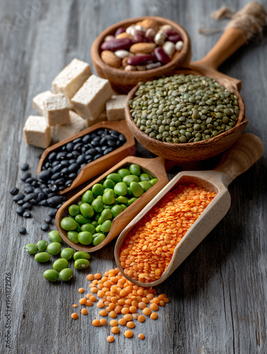 Plant based protein sources variety including tofu, tempeh, beans, ealthy vegan nutrition ingredients closeup.