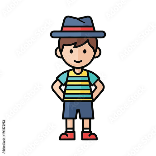A cheerful boy wearing a hat, striped shirt, and shorts with hands on hips