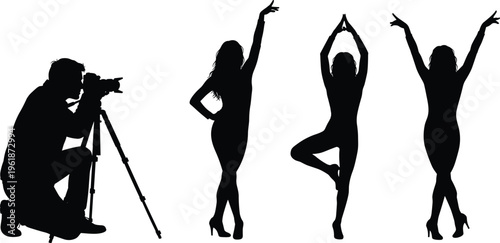 Silhouette illustration of a professional photographer kneeling with a camera on a tripod, capturing photos of a fashion model posing in different dynamic styles.