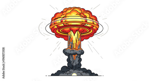 Nuclear explosion mushroom cloud illustration, atomic bomb blast with fire and smoke, comic style explosion effect on white background