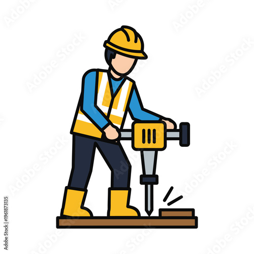 Construction worker operating a jackhammer on a concrete surface