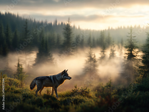 A wolf walking confidently through a misty forest at sunrise. solitary wolf walking through a fog forest.