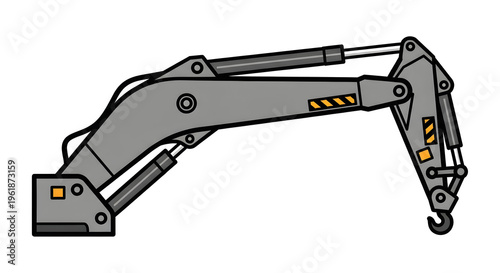 Industrial hydraulic crane arm with lifting hook, heavy machinery mechanical boom, grey construction equipment part isolated on white
