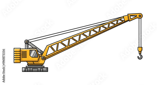 Industrial yellow mobile crane illustration, heavy construction machinery with lifting hook, crawler crane equipment for building site engineering