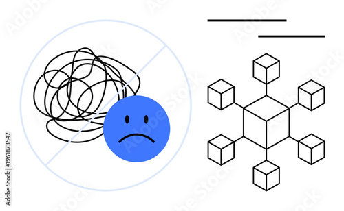 Problem-solving, mental clarity, decision making, organization, mindset, cognitive processes. A sad face and chaotic scribbles contrasted with an organized cube network. Problem-solving and mental
