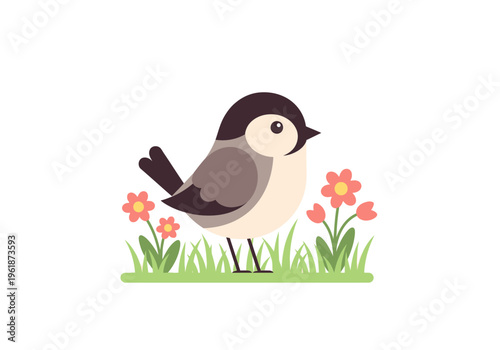 Cute Sparrow Character Standing in Spring Flower Field 