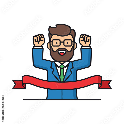 Celebratory businessman crossing the finish line with triumphant fists raised