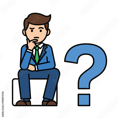 A thoughtful man in a suit pondering a large question mark.