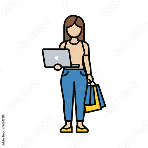 Woman holding a laptop and shopping bags while standing outdoors