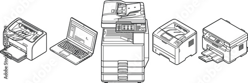 Collection of minimalist black and white line icons featuring various printers laptops and large office photocopiers.