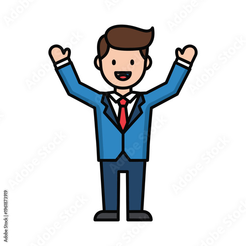 Celebratory business professional raising arms in triumphant pose
