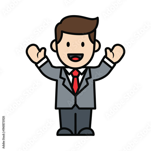 Celebratory businessman raising arms in a triumphant pose with a joyful expression