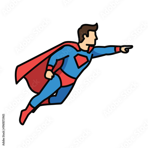 Dynamic superhero flying through the air with a cape and pointing forward