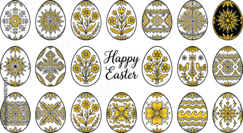 Collection of twenty decorative yellow and black Easter eggs featuring traditional folk art patterns and floral ornaments.