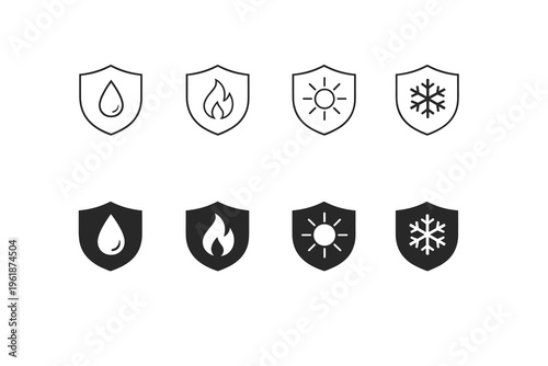 Vector icon set displaying protective features water resistance, fire safety, sun protection, and cold weather durability badges