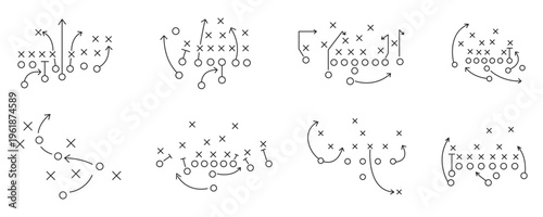 Game plan, football tactics icon set, scheme play, strategy