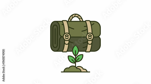 Sustainable outdoor gear with green plant growth, symbolizing eco-friendly adventure