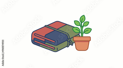 Cozy blanket and potted plant represent comfort, home, and nature