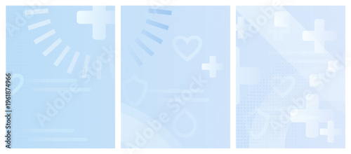 Set of 3 abstract light blue gradient medical science backgrounds. Subtle healthcare crosses, hearts, lines. Modern minimal design for medicine presentations, hospital posters, clinics banners, covers