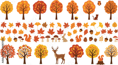 Autumn nature illustration set, colorful trees, leaves, acorns, mushrooms, and woodland animals in seasonal cartoon design - vector graphic