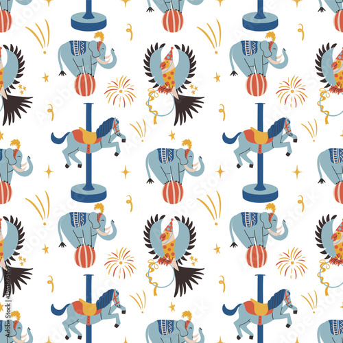 Seamless vector pattern background with cute cartoon circus animals including performing elephant on ball, parrot on hoop and carousel horse in retro vintage style