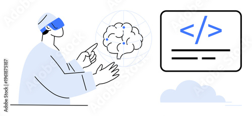 Artificial intelligence, virtual reality, programming, human-computer interaction, data science, innovation. A person using VR while interacting with a brain interface and coding elements. Artificial