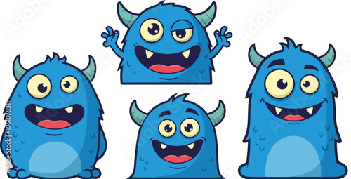 Cute blue monster cartoon characters, set of 4 friendly furry creature mascots with horns, funny alien monster vector illustrations for kids