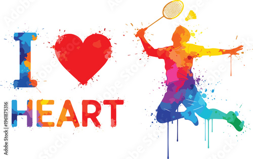 Badminton splash art illustration, colorful paint splashes with jumping player silhouette and vibrant heart design expressing passion - flat vector illustration