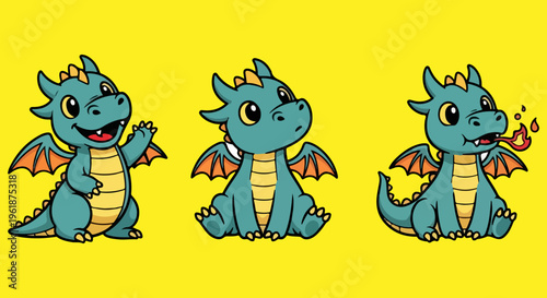 Cute baby dragon character set, friendly teal dragon mascot in three poses, cartoon mythical creature vector collection for kids design