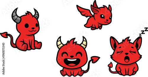 Cute red devil cartoon character set, 4 little demon vector icons with horns and wings, friendly hell creature mascot collection for gaming